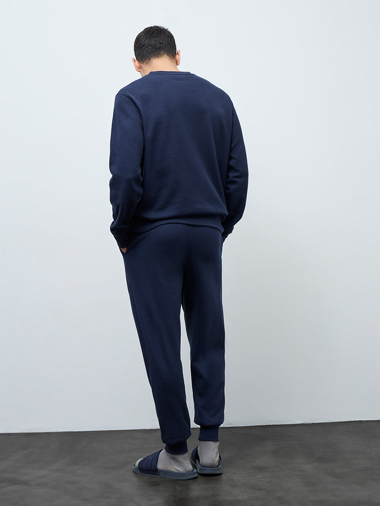 WES Lounge Navy Waffle-Textured Relaxed-Fit Mid-Rise Joggers