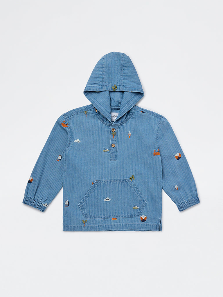 HOP Kids Boys Blue Embroidered Hooded Denim Shirt