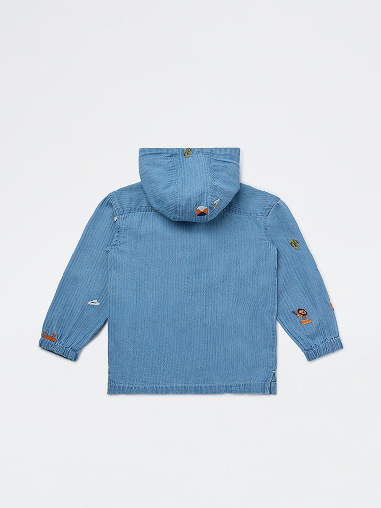 HOP Kids Boys Blue Embroidered Hooded Denim Shirt