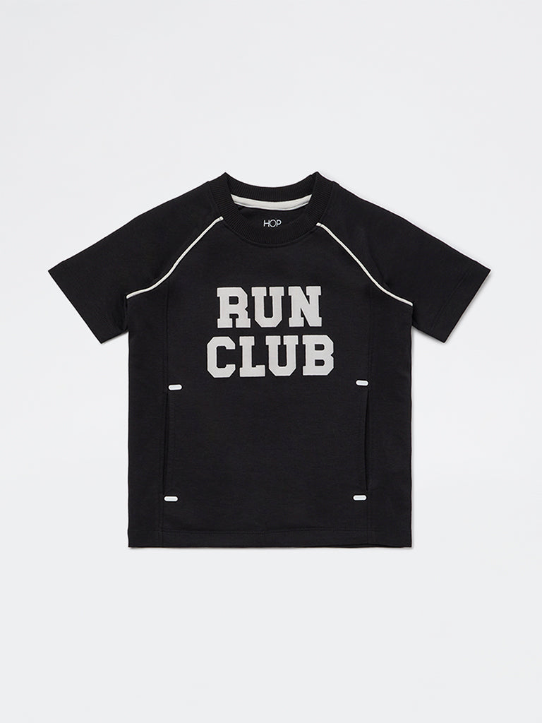 HOP Kids Boys Black Numerical Printed Cotton-Blend T-Shirt