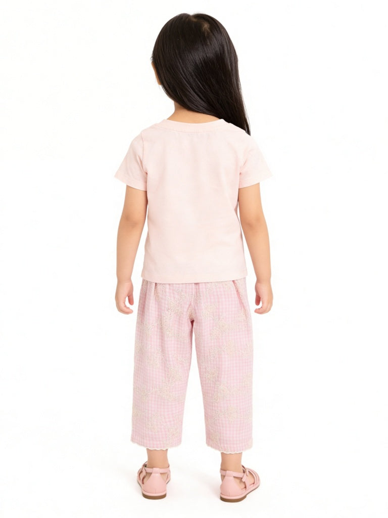 HOP Kids Girls Pink Checkered High-Rise Cotton Pants