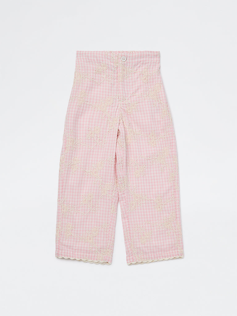 HOP Kids Girls Pink Checkered High-Rise Cotton Pants