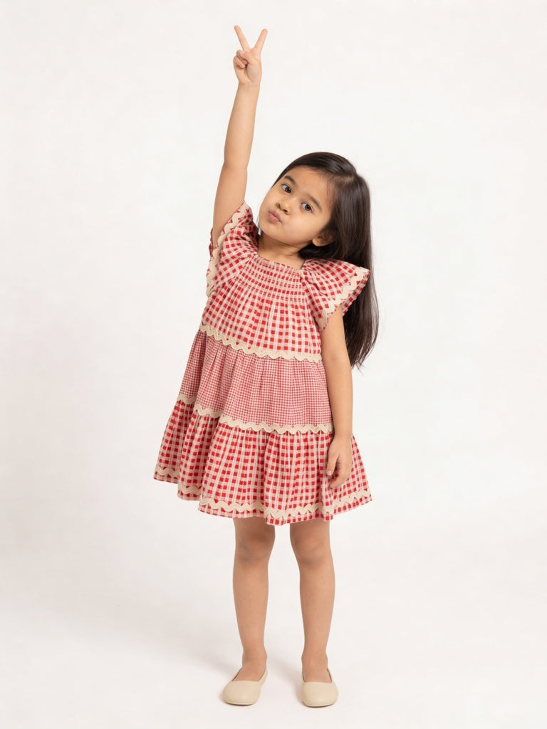 HOP Kids Girls Red Checkered Tiered Cotton Dress