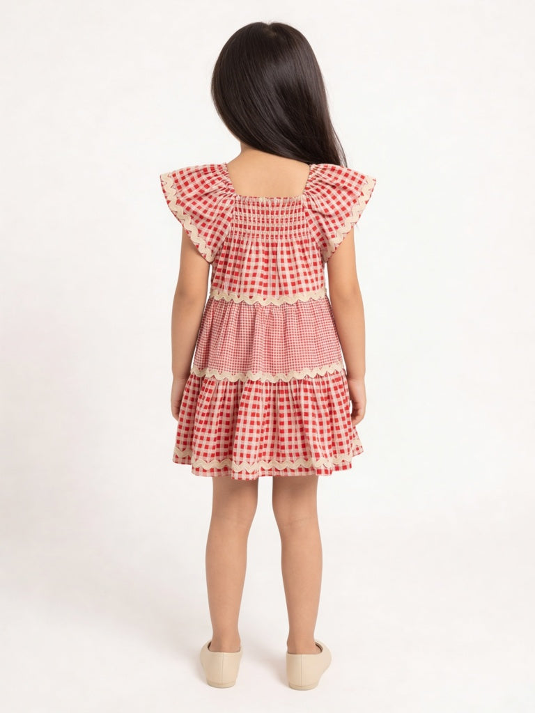 HOP Kids Girls Red Checkered Tiered Cotton Dress