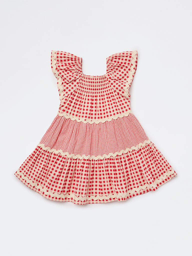 HOP Kids Girls Red Checkered Tiered Cotton Dress