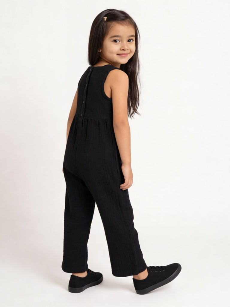 HOP Kids Girls Black Floral Appliqué Cotton Jumpsuit