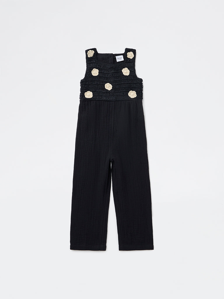 HOP Kids Girls Black Floral Appliqué Cotton Jumpsuit