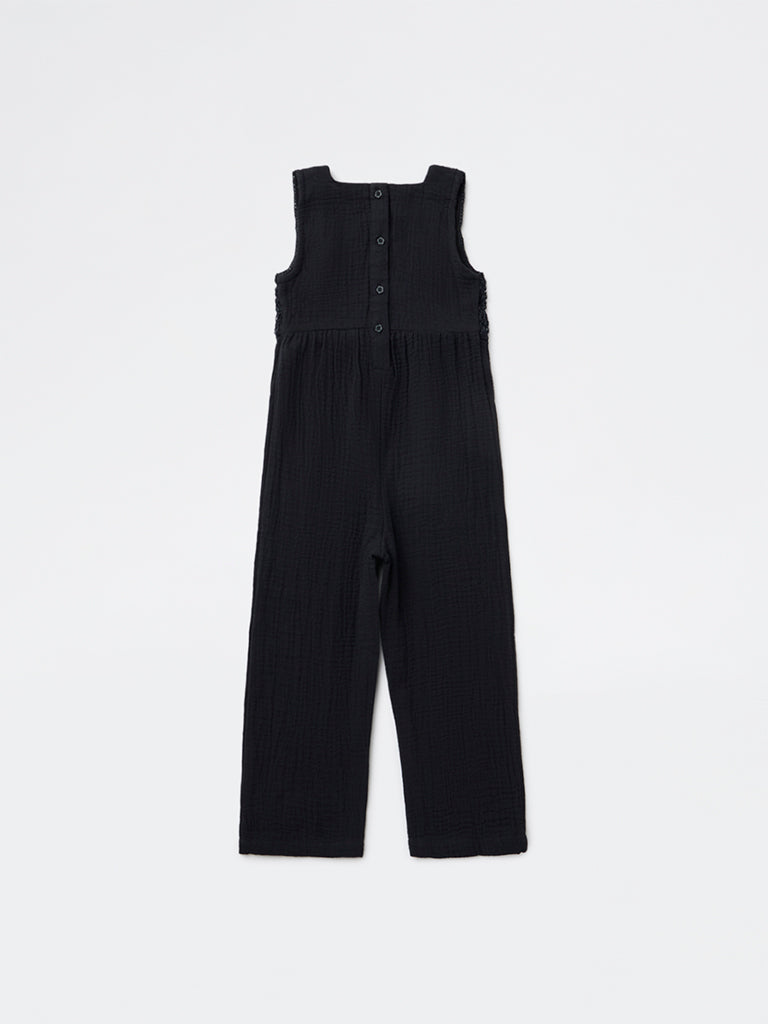 HOP Kids Girls Black Floral Appliqué Cotton Jumpsuit