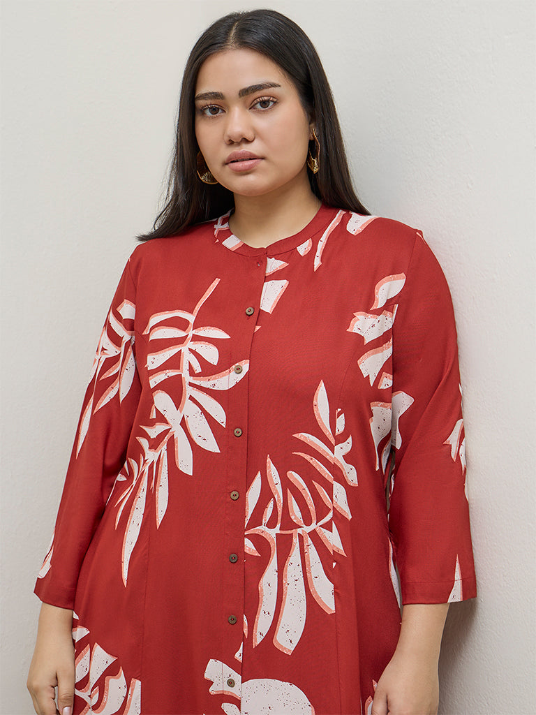 Diza Red Botanical Printed A-Line Kurta