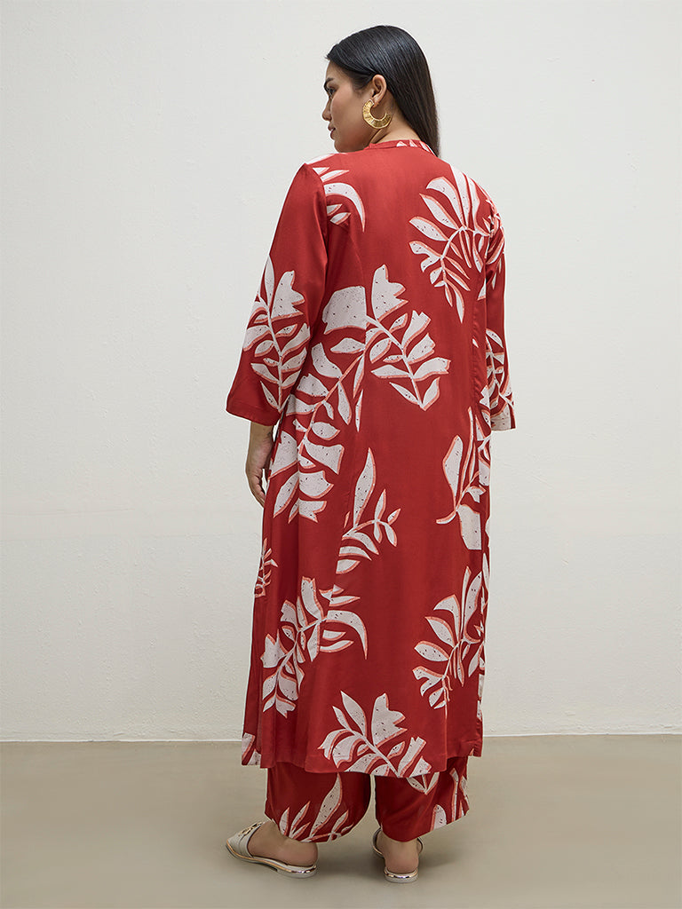 Diza Red Botanical Printed A-Line Kurta