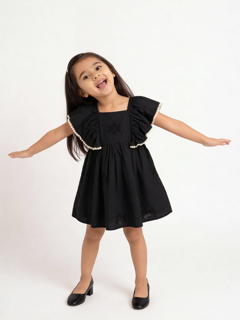 HOP Kids Girls Black Floral Embroidered A-Line Cotton Dress