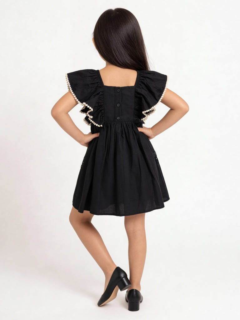 HOP Kids Girls Black Floral Embroidered A-Line Cotton Dress