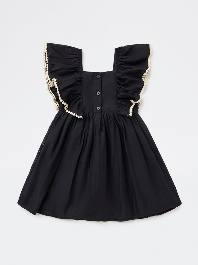 HOP Kids Girls Black Floral Embroidered A-Line Cotton Dress