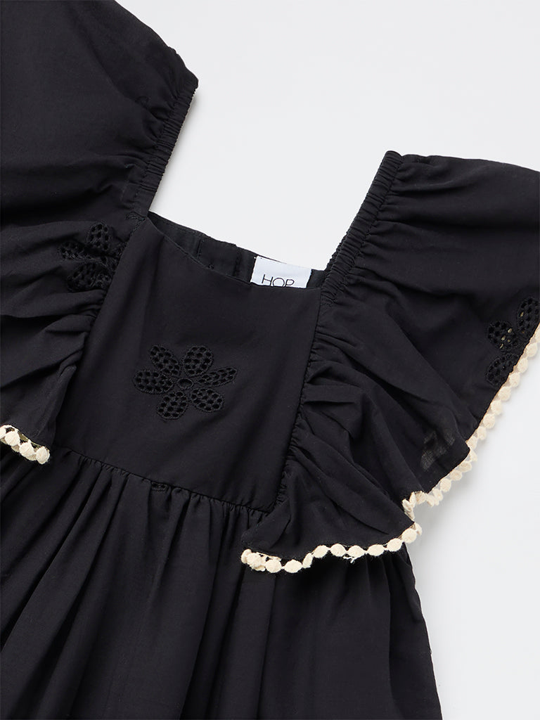 HOP Kids Girls Black Floral Embroidered A-Line Cotton Dress