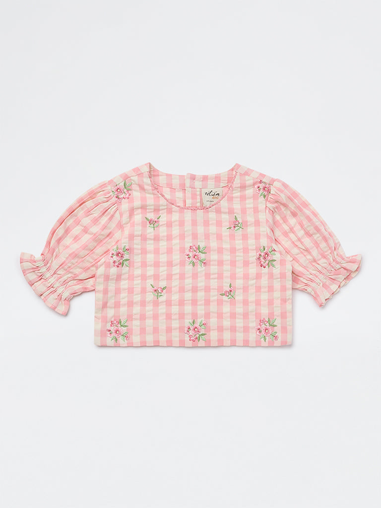 Utsa Kids Girls Pink Checkered Cotton Top - (2-8 yrs)