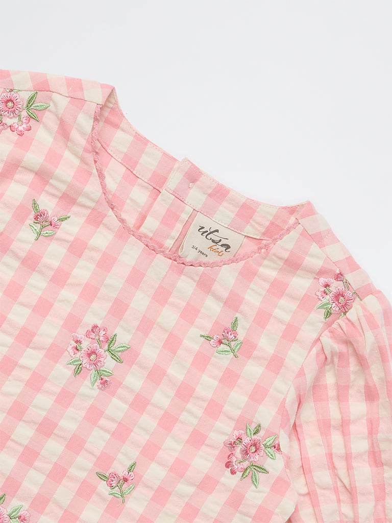 Utsa Kids Girls Pink Checkered Cotton Top - (2-8 yrs)
