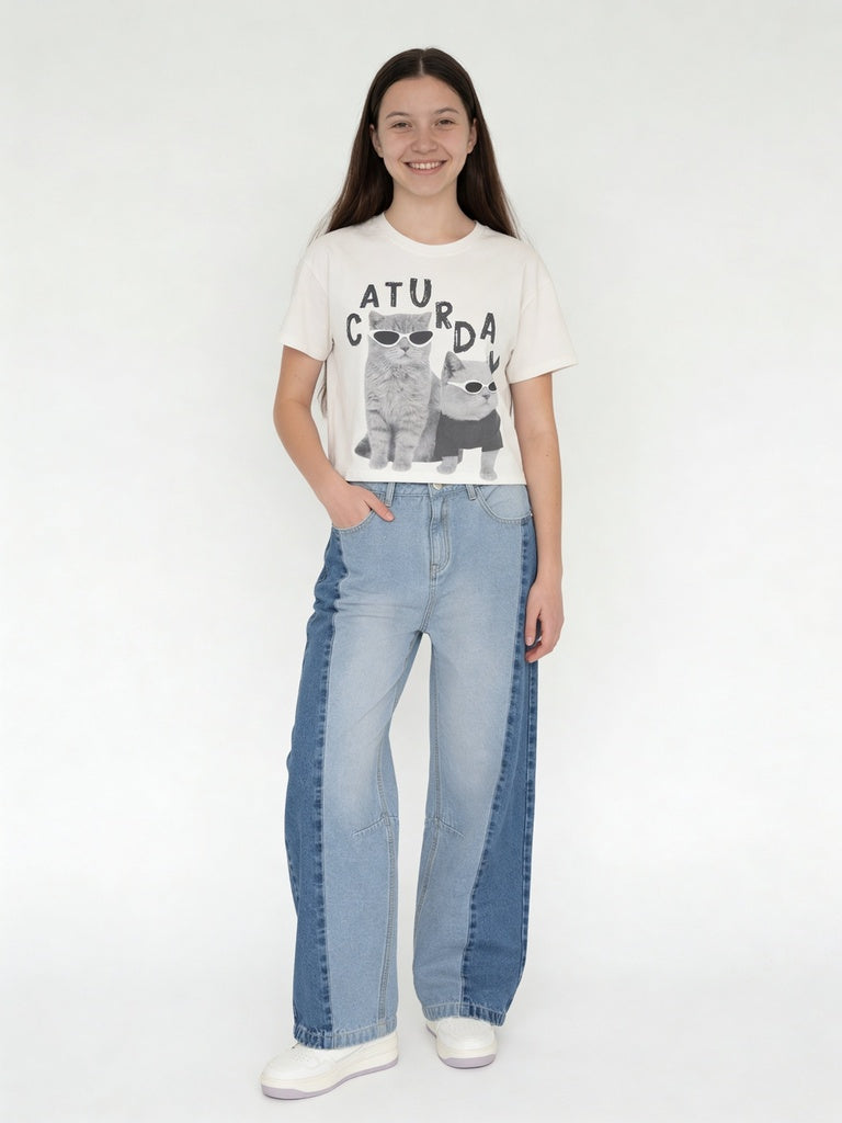 Girls Blue Colour-Blocked High-Rise Jeans