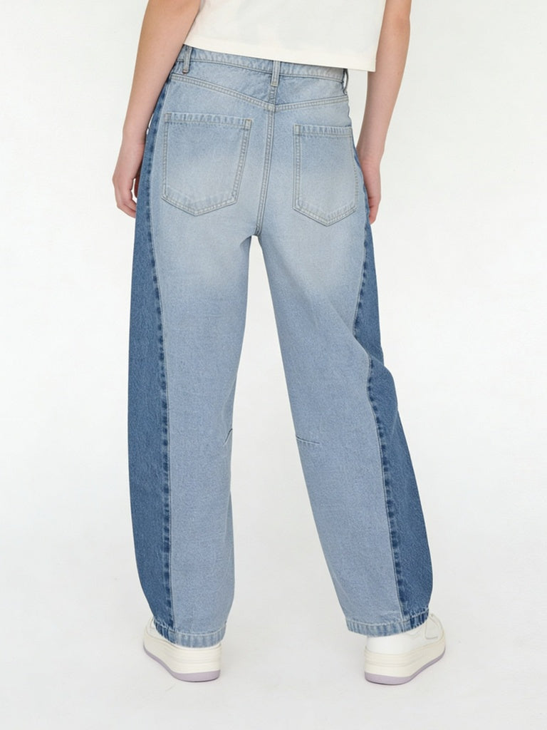 Girls Blue Colour-Blocked High-Rise Jeans