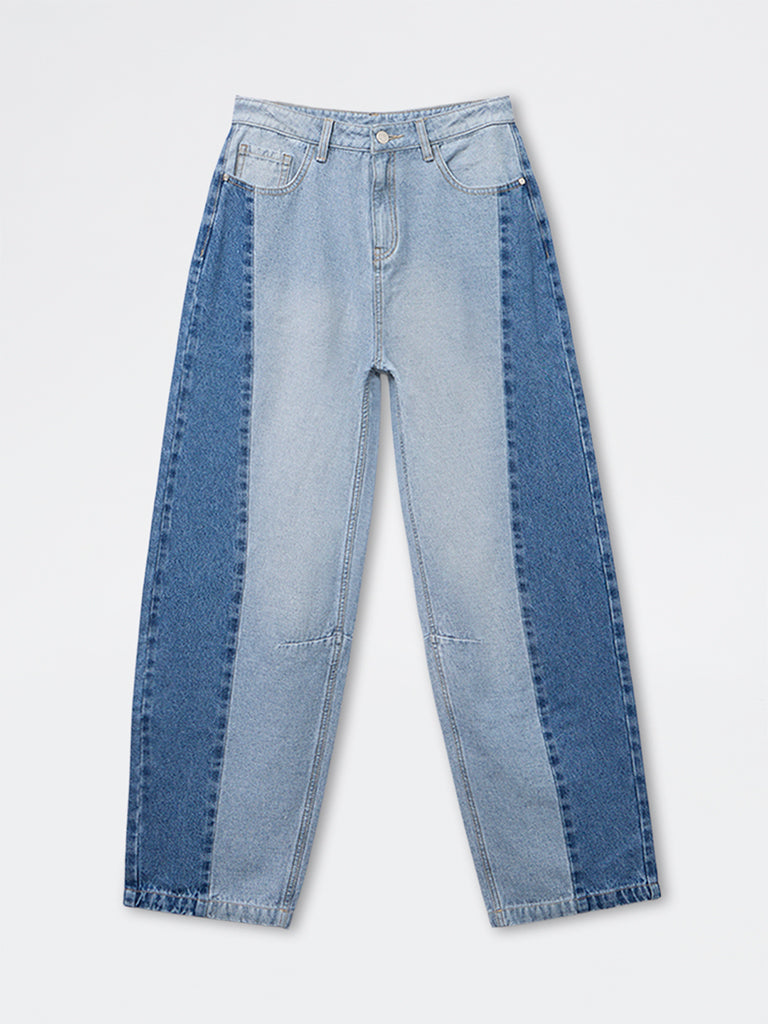 Girls Blue Colour-Blocked High-Rise Jeans