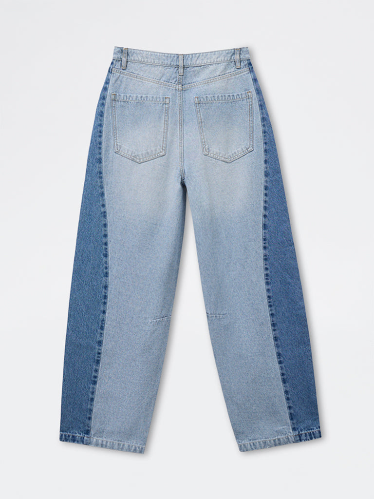 Girls Blue Colour-Blocked High-Rise Jeans