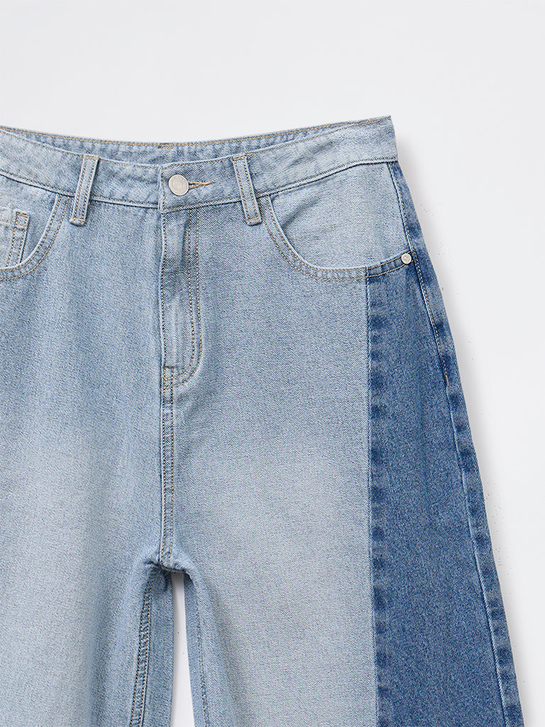 Girls Blue Colour-Blocked High-Rise Jeans