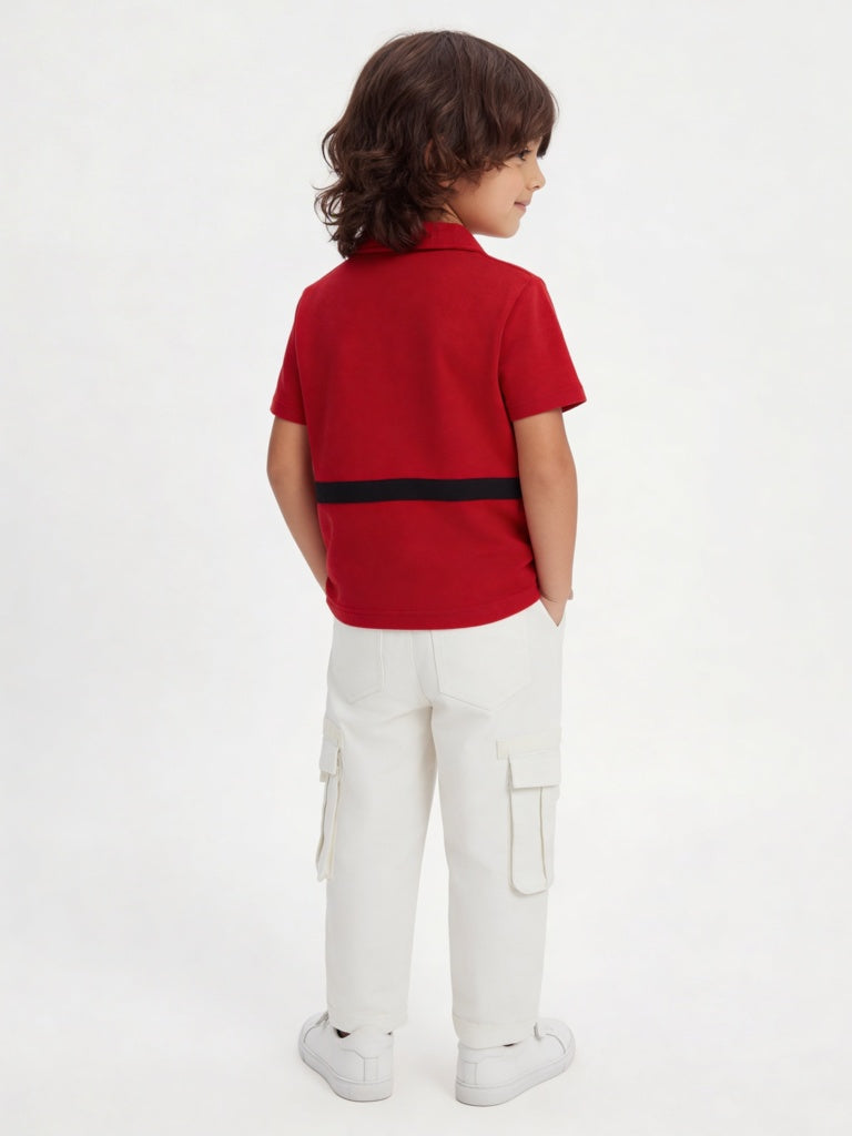 HOP Kids Boys Red Pouch Detailed Cotton T-Shirt