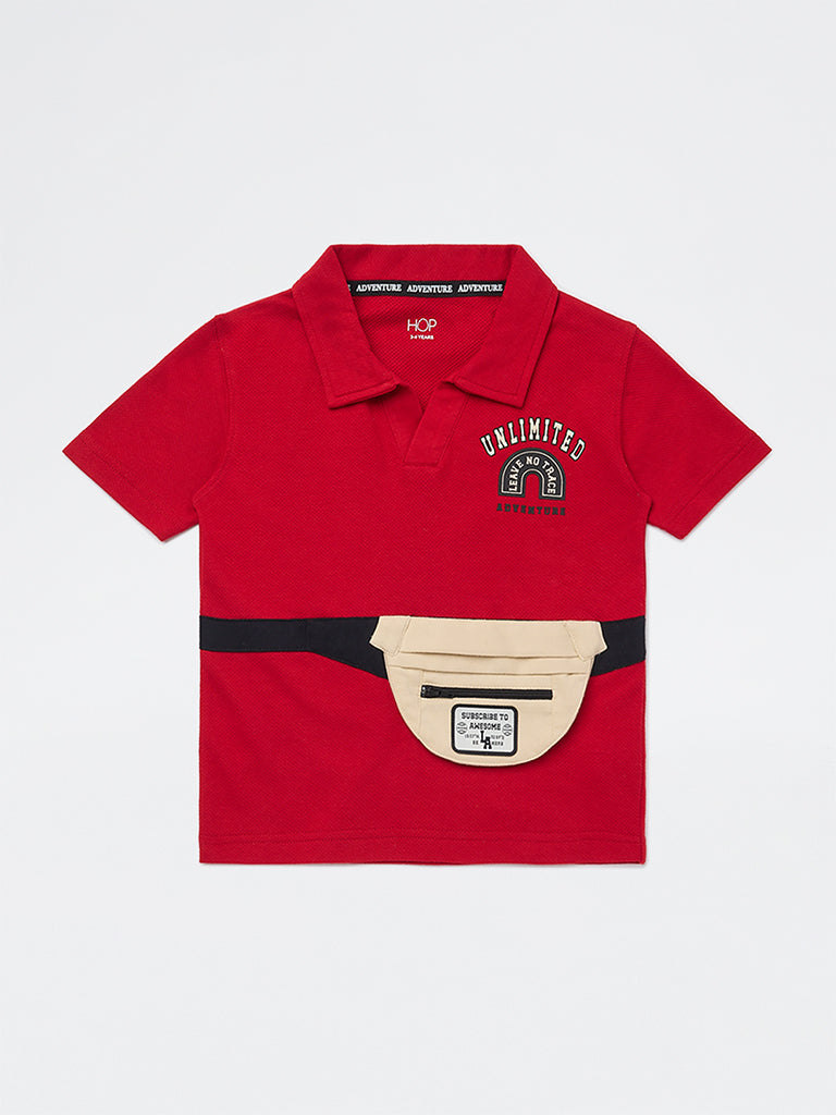 HOP Kids Boys Red Pouch Detailed Cotton T-Shirt