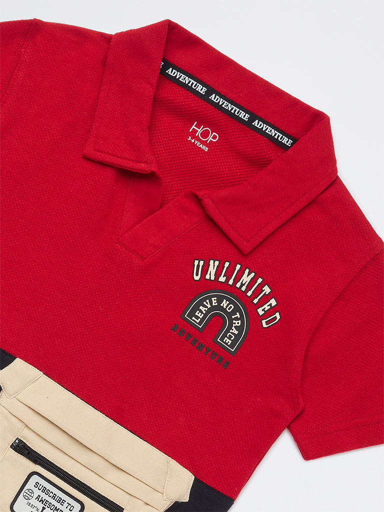 HOP Kids Boys Red Pouch Detailed Cotton T-Shirt