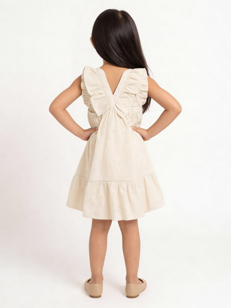 HOP Kids Girls Beige Embroidered A-Line Cotton Dress