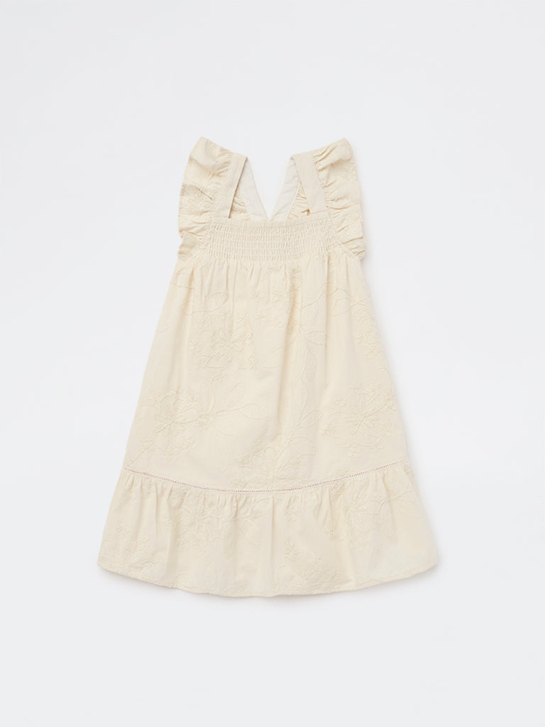 HOP Kids Girls Beige Embroidered A-Line Cotton Dress