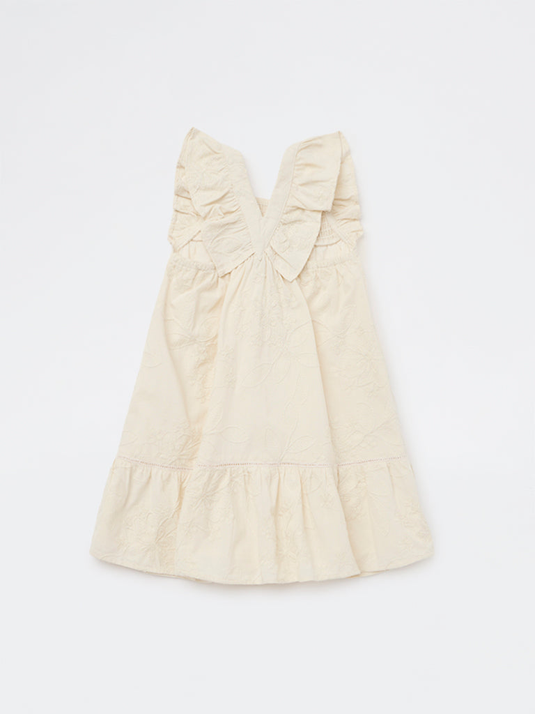 HOP Kids Girls Beige Embroidered A-Line Cotton Dress