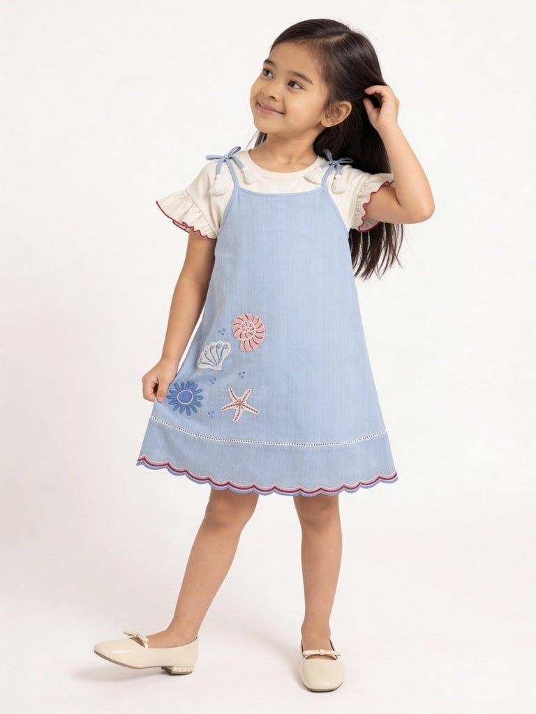 HOP Kids Girls Blue Embroidered Cotton Dress and T-Shirt Set