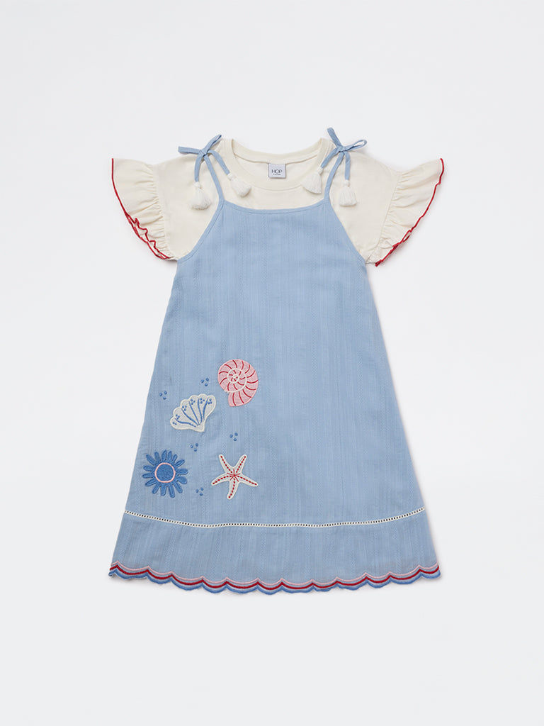 HOP Kids Girls Blue Embroidered Cotton Dress and T-Shirt Set