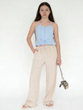 Girls Beige Striped High-Rise Pants