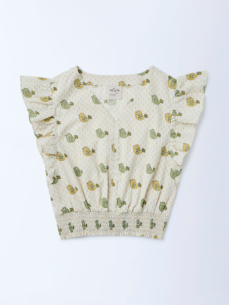 Utsa Kids Girls Off-White Printed Cotton Top - (8-14 yrs)