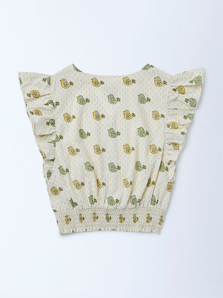 Utsa Kids Girls Off-White Printed Cotton Top - (8-14 yrs)