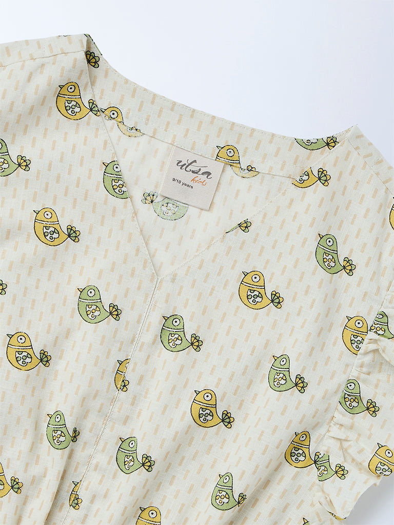 Utsa Kids Girls Off-White Printed Cotton Top - (8-14 yrs)