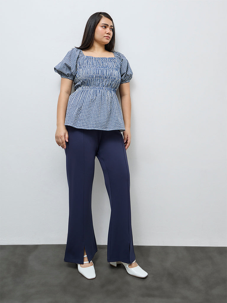 Gia Navy Solid High-Rise Bootcut Trousers
