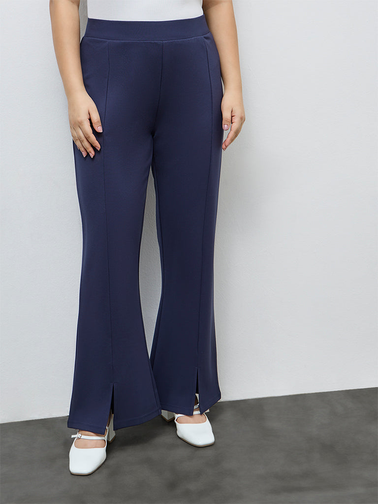 Gia Navy Solid High-Rise Bootcut Trousers