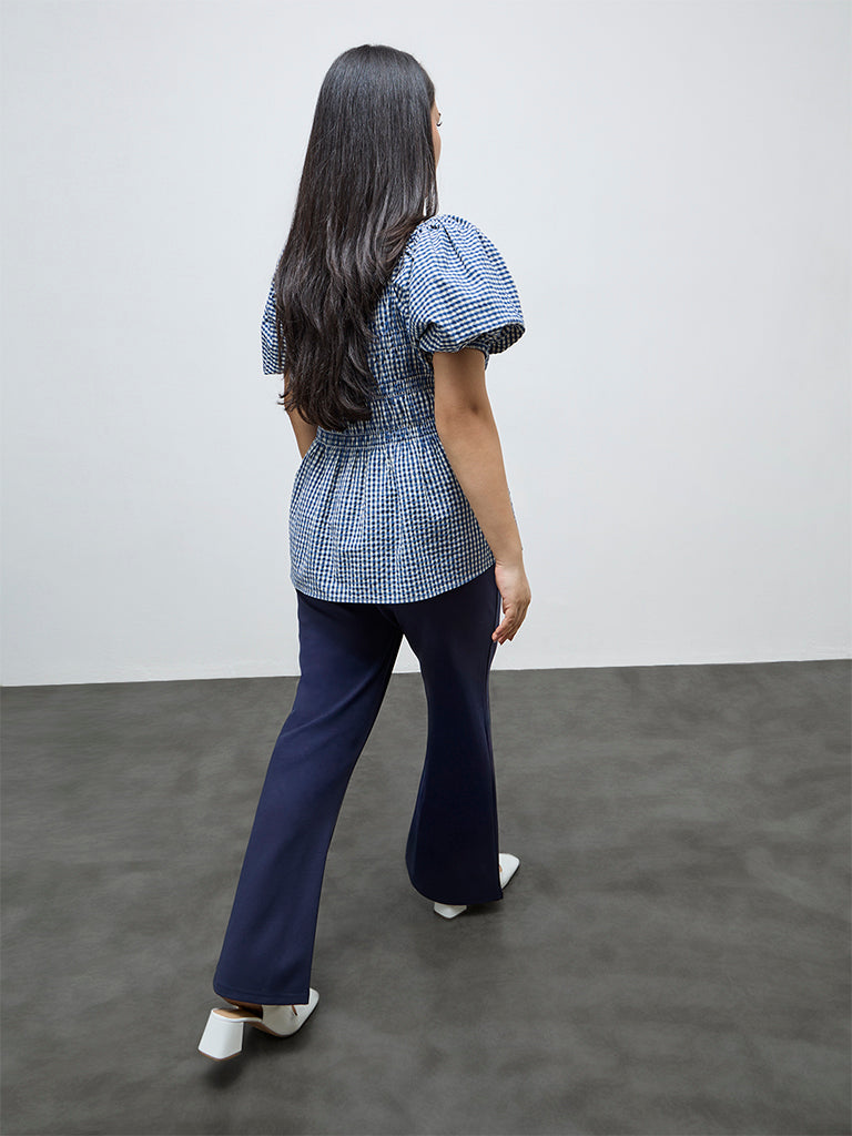 Gia Navy Solid High-Rise Bootcut Trousers