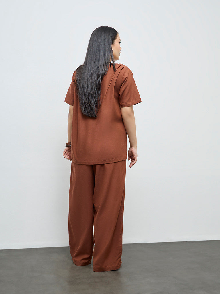 Gia Brown Solid High-Rise Pants