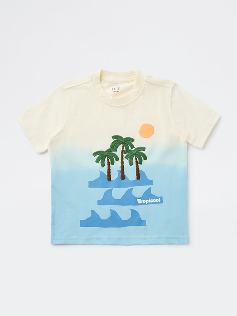 HOP Kids Boys Blue Tropical Printed Cotton T-Shirt
