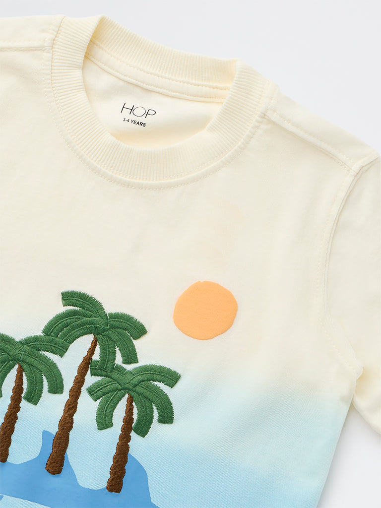 HOP Kids Boys Blue Tropical Printed Cotton T-Shirt