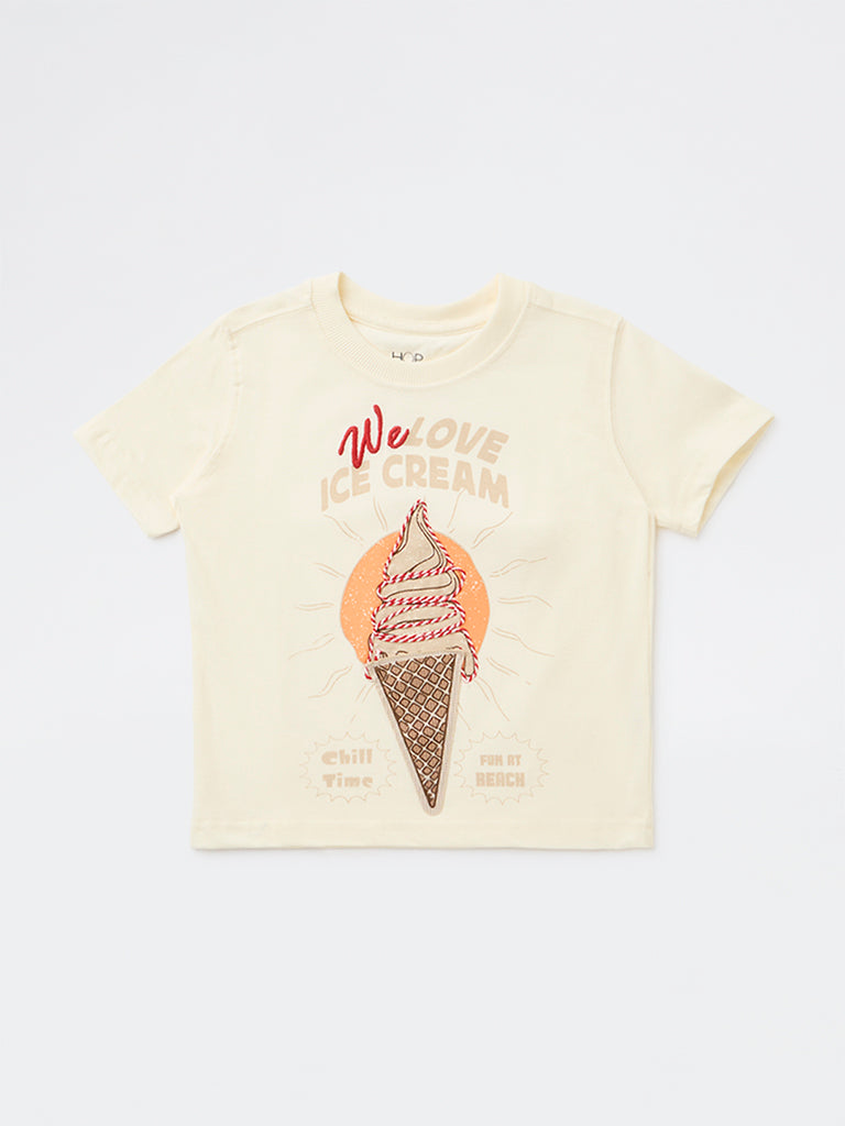 HOP Kids Boys Cream Graphic Printed Cotton T-Shirt