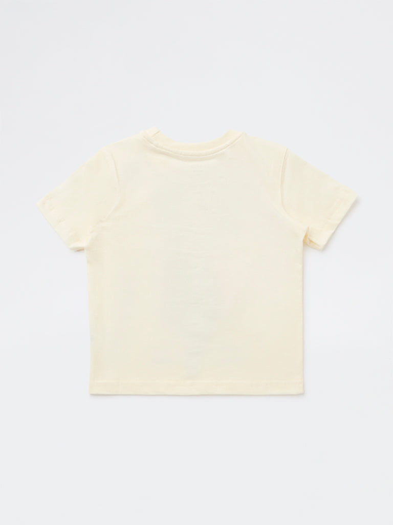 HOP Kids Boys Cream Graphic Printed Cotton T-Shirt