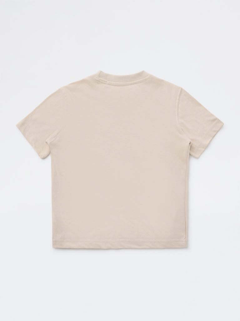 HOP Kids Boys Taupe Printed Cotton T-Shirt