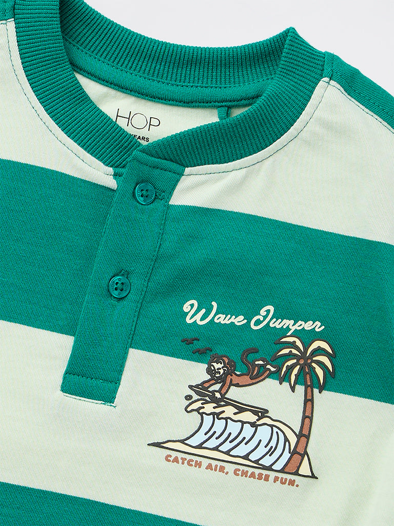 HOP Kids Boys Green Colour Block Cotton T-Shirt