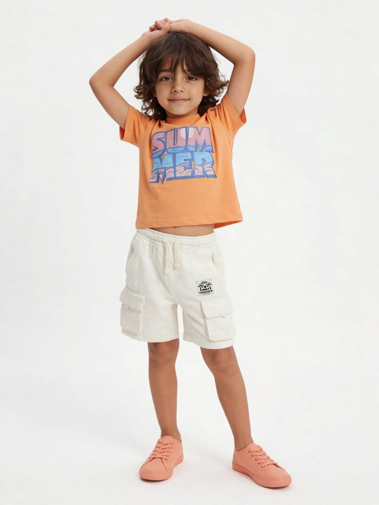 HOP Kids Boys Orange Text-Printed Cotton T-Shirt