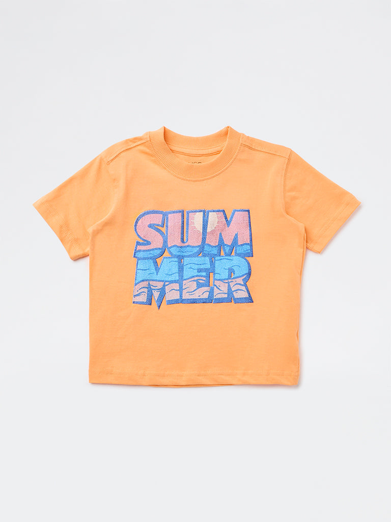HOP Kids Boys Orange Text-Printed Cotton T-Shirt