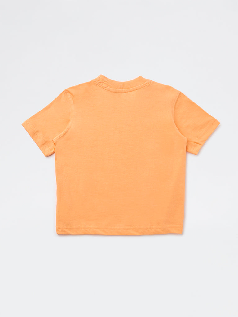 HOP Kids Boys Orange Text-Printed Cotton T-Shirt